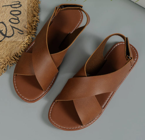 Terra Caramel & Black Mirage - Damensandalen aus Leder mit Schnalle