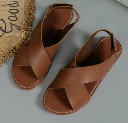 Terra Caramel & Black Mirage - Damensandalen aus Leder mit Schnalle